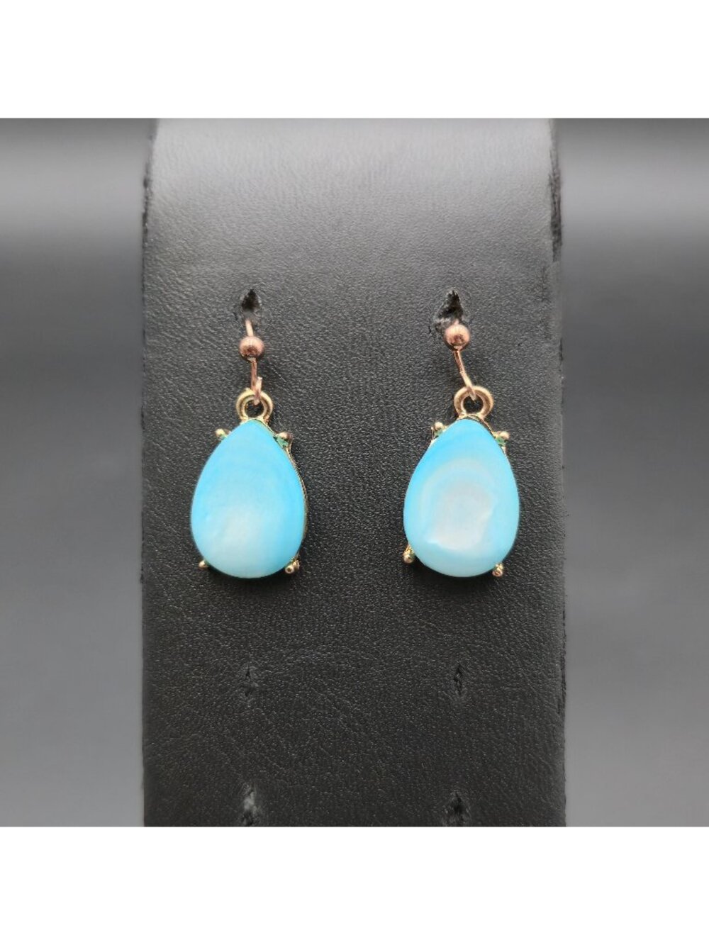 Gold Light Blue Mother of Pearl Teardrop Dangle Earrings A8625